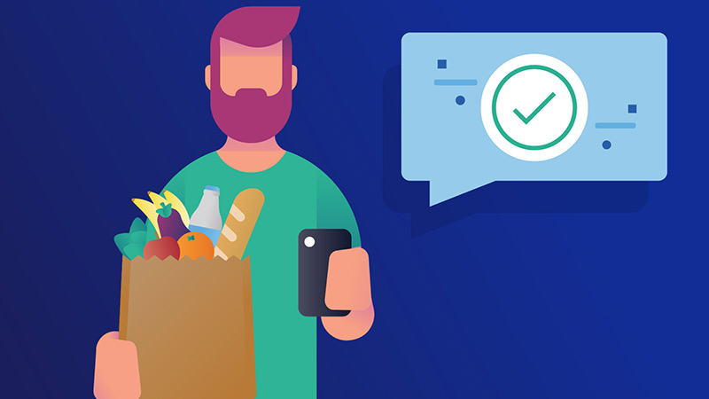 Ilustração mostrando pagamento aprovado no celular após compra em um armazém